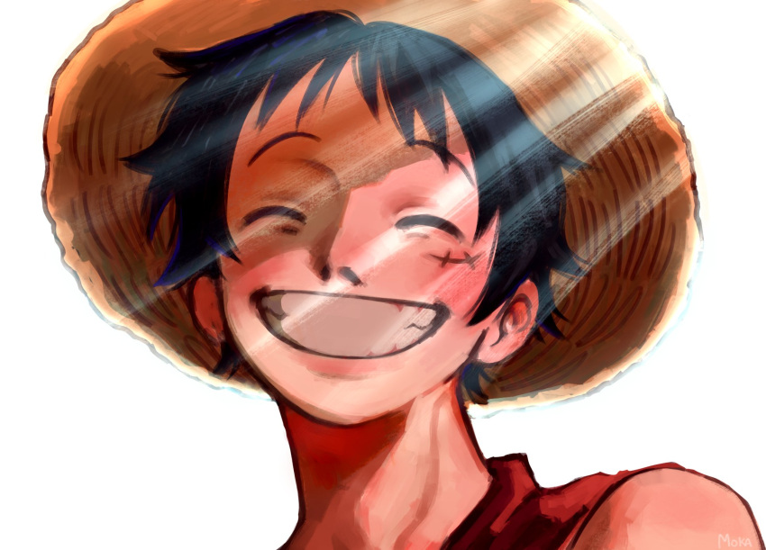 1boy, ^_^, artist_name, black_hair, close-up, closed_eyes, english_commentary, hat
