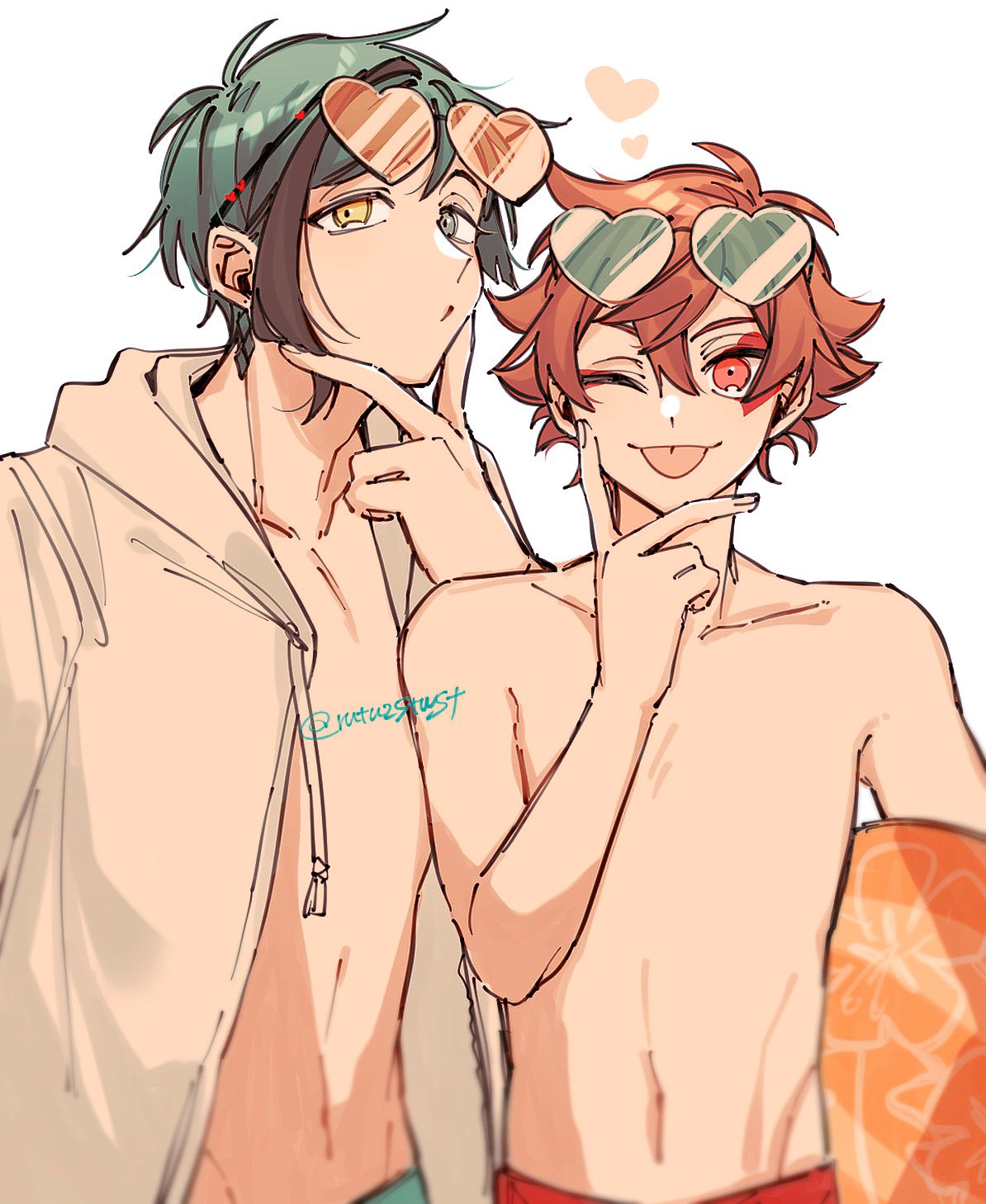 2boys, ace_trappola, asymmetrical_hair, ball, beachball, black_hair, blue_hair, collarbone