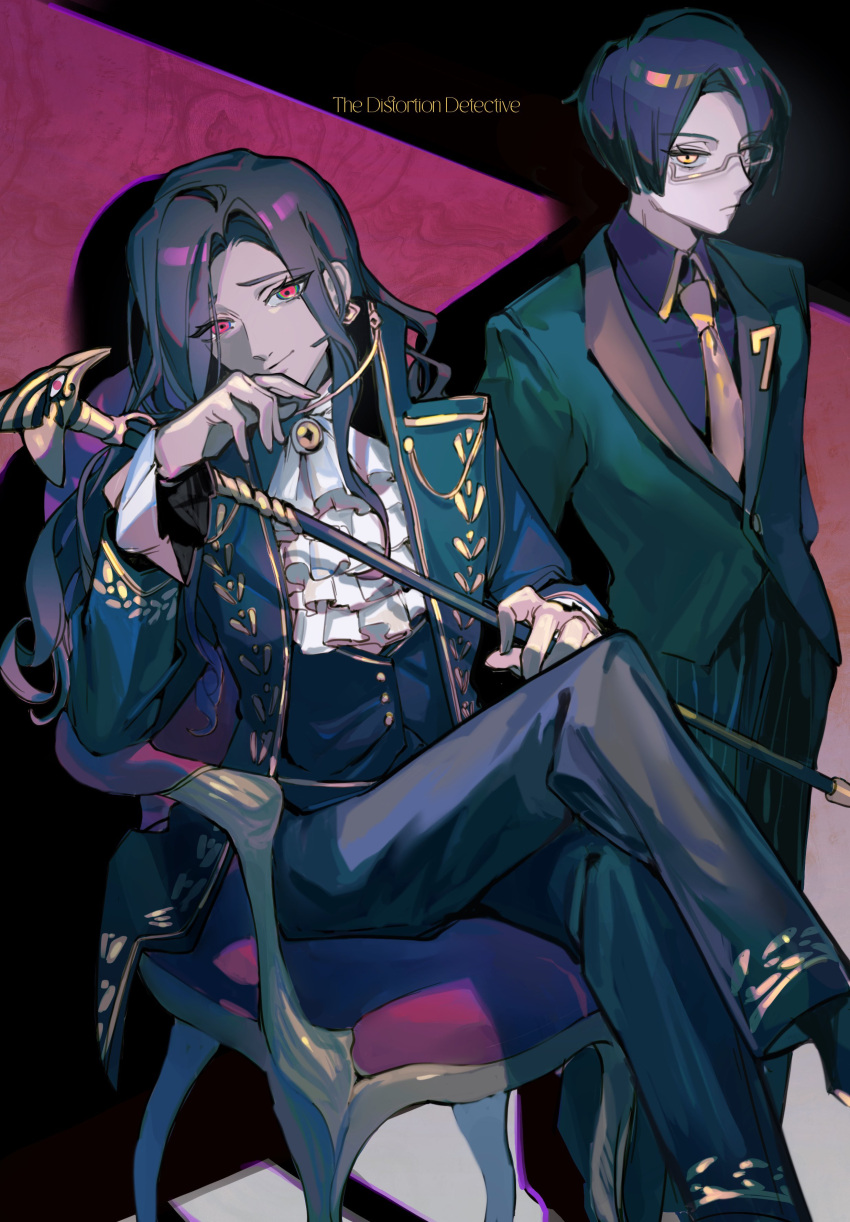 1boy, 1girl, absurdres, ascot, black_hair, black_pants, brown_hair, cane