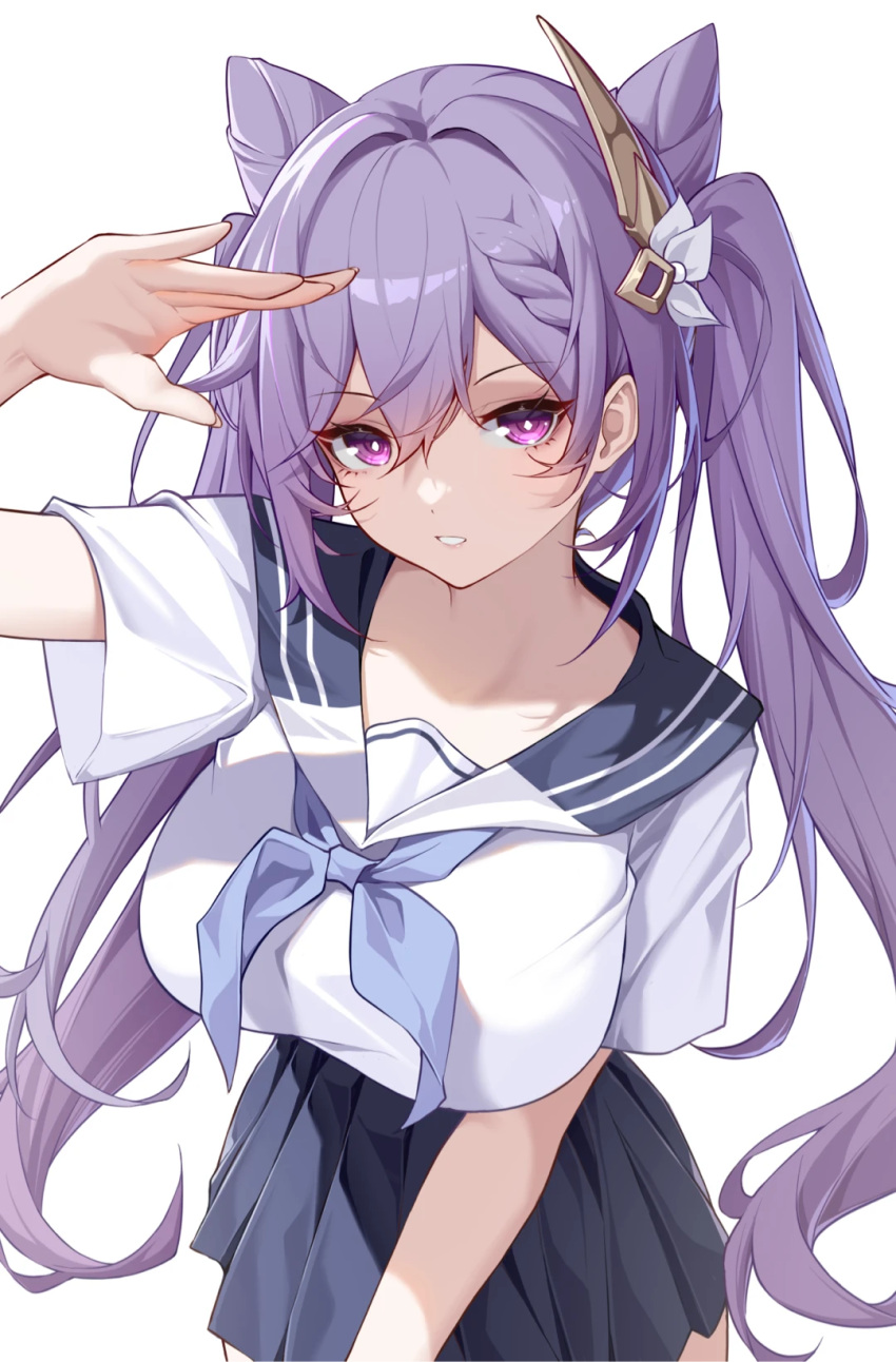 1girl, alternate_costume, blue_neckerchief, blue_skirt, breasts, chinese_commentary, commentary_request, cone_hair_bun, cowboy_shot, genshin_impact, hair_bun, hand_up, highres, huge_breasts, keqing_(genshin_impact), long_hair, looking_at_viewer, neckerchief, parted_lips, pleated_skirt, purple_hair, school_uniform, serafuku, shirt, shixuexiao, simple_background, skirt, solo, twintails, violet_eyes, white_background, white_shirt