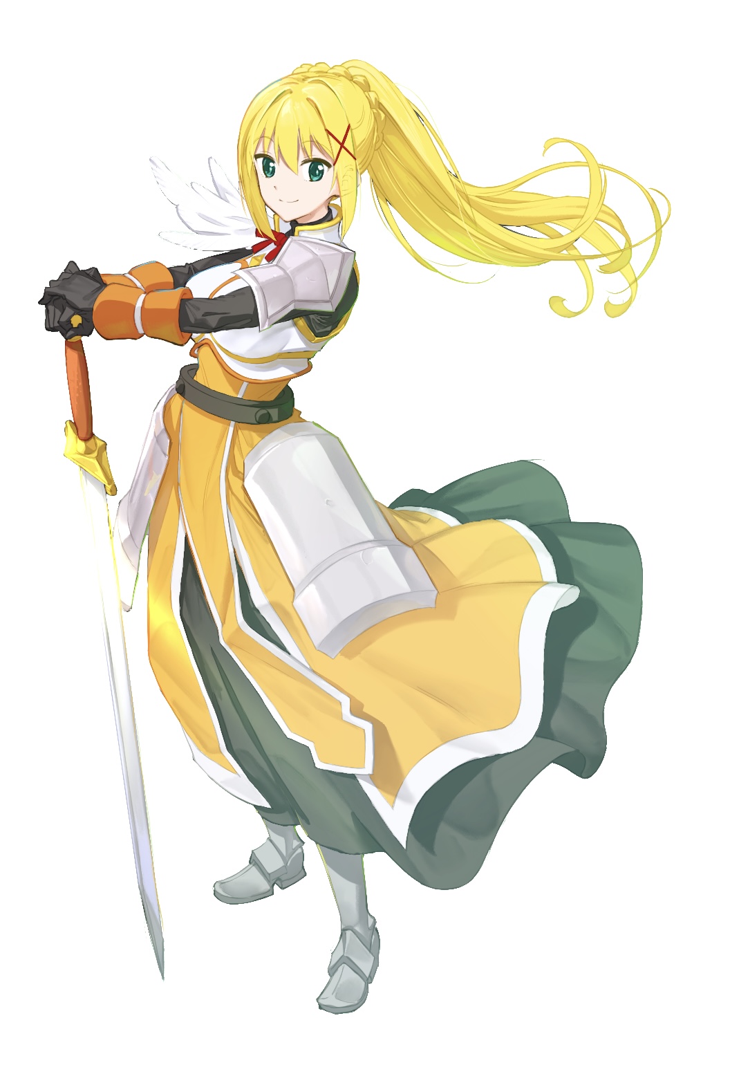 1girl, armor, belt, black_belt, black_dress, black_gloves, blonde_hair, breastplate