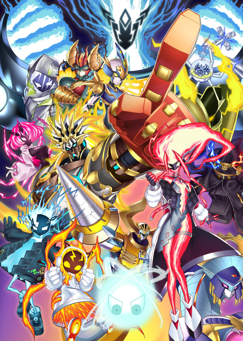 6+boys, 6+girls, absurdres, blonde_hair, blue_hair, coat, cropped_jacket, duel_monster, electricity, endless_engine_argyro_system, enmo_takeshita, eye_mask, gigantic_spright, headphones, highres, jacket, long_hair, medium_hair, multiple_boys, multiple_girls, pink_hair, pink_jacket, redhead, short_hair, spright_blue, spright_carrot, spright_elf, spright_jet, spright_pixies, spright_red, spright_sprind, therion_bull_ain, therion_empress_alasia, therion_king_regulus, therion_lili_borea, therion_reaper_fum, white_coat, yu-gi-oh!