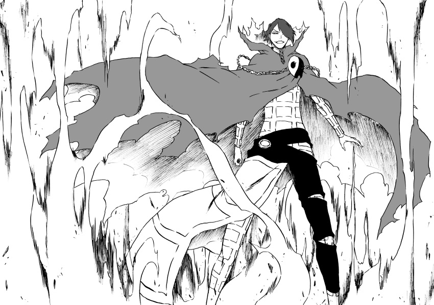 1boy, absurdres, arm_at_side, bleach, bleach:_jigoku-hen, chain, cloak, commentary