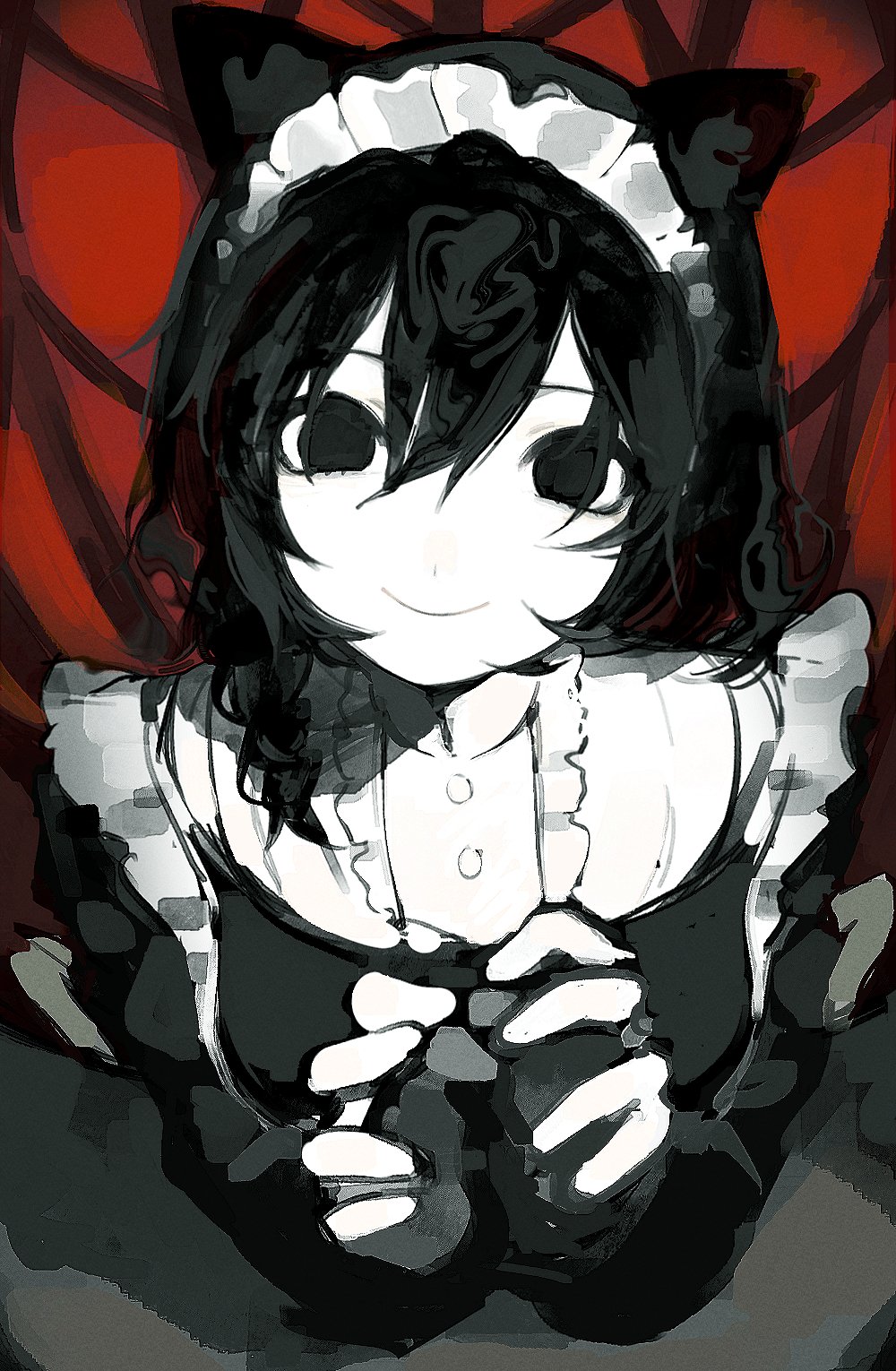 1girl, animal_ears, apron, black_dress, black_hair, braid, cat_ears, cat_girl, center_frills, cevio, chikyuu_no_ura_(cevio), closed_mouth, colored_skin, dress, empty_eyes, frills, greyscale_with_colored_background, hair_over_shoulder, highres, iyowa_girls, long_sleeves, looking_at_viewer, maid, maid_apron, maid_headdress, own_hands_together, puffy_sleeves, red_background, short_hair, side_braid, single_braid, sirayukisiu, smile, solo, ura_(iyowa), white_skin