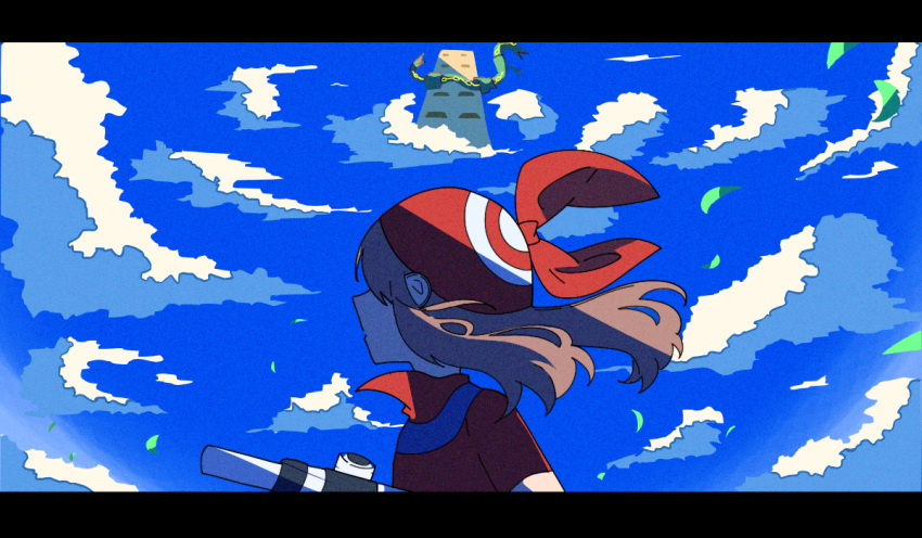 1girl, bandana, bicycle, blue_sky, brown_hair, clouds, commentary_request, dragon, eastern_dragon, floating_building, floating_hair, from_side, handlebar, hat, leaf, may_(pokemon), minini_(@mofumofu_alien), no_eyes, obscured_eyes, outdoors, pokemon, pokemon_(creature), pokemon_rse, rayquaza, red_bandana, red_shirt, shirt, short_hair, short_sleeves, sky, sky_pillar, tower, wind