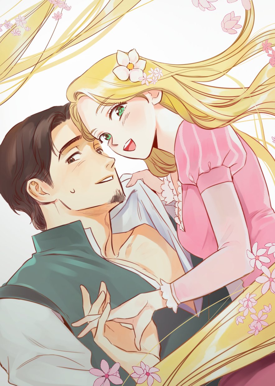 1boy, 1girl, blonde_hair, brown_eyes, brown_hair, commentary_request, dress, facial_hair, flower, flynn_rider, goatee, green_eyes, hair_flower, hair_ornament, highres, interlocked_fingers, izzi315, korean_commentary, long_hair, long_sleeves, looking_at_viewer, open_mouth, pink_dress, puffy_sleeves, rapunzel_(disney), short_hair, smile, sweatdrop, tangled, upper_body, very_long_hair