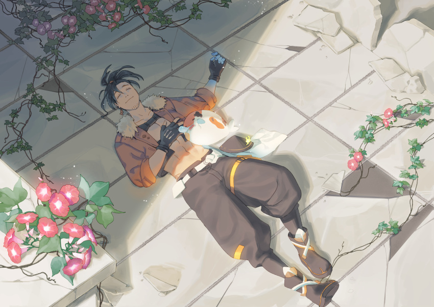 1boy, aaadennnt, absurdres, baggy_pants, black_gloves, black_hair, blue_skin, closed_eyes, closed_mouth, collarbone, colored_skin, crack, cracked_floor, earrings, english_commentary, facial_hair, fingerless_gloves, flower, full_body, fur-trimmed_jacket, fur_trim, gloves, gradient_skin, highres, holostars, holostars_english, jacket, jewelry, josuiji_shinri, knee_up, koipanion_(josuiji_shinri), light_particles, lying, male_focus, medium_hair, navel, on_back, on_ground, orange_jacket, pants, plant, red_flower, smile, solo, stubble, sunlight, topknot, vines, virtual_youtuber
