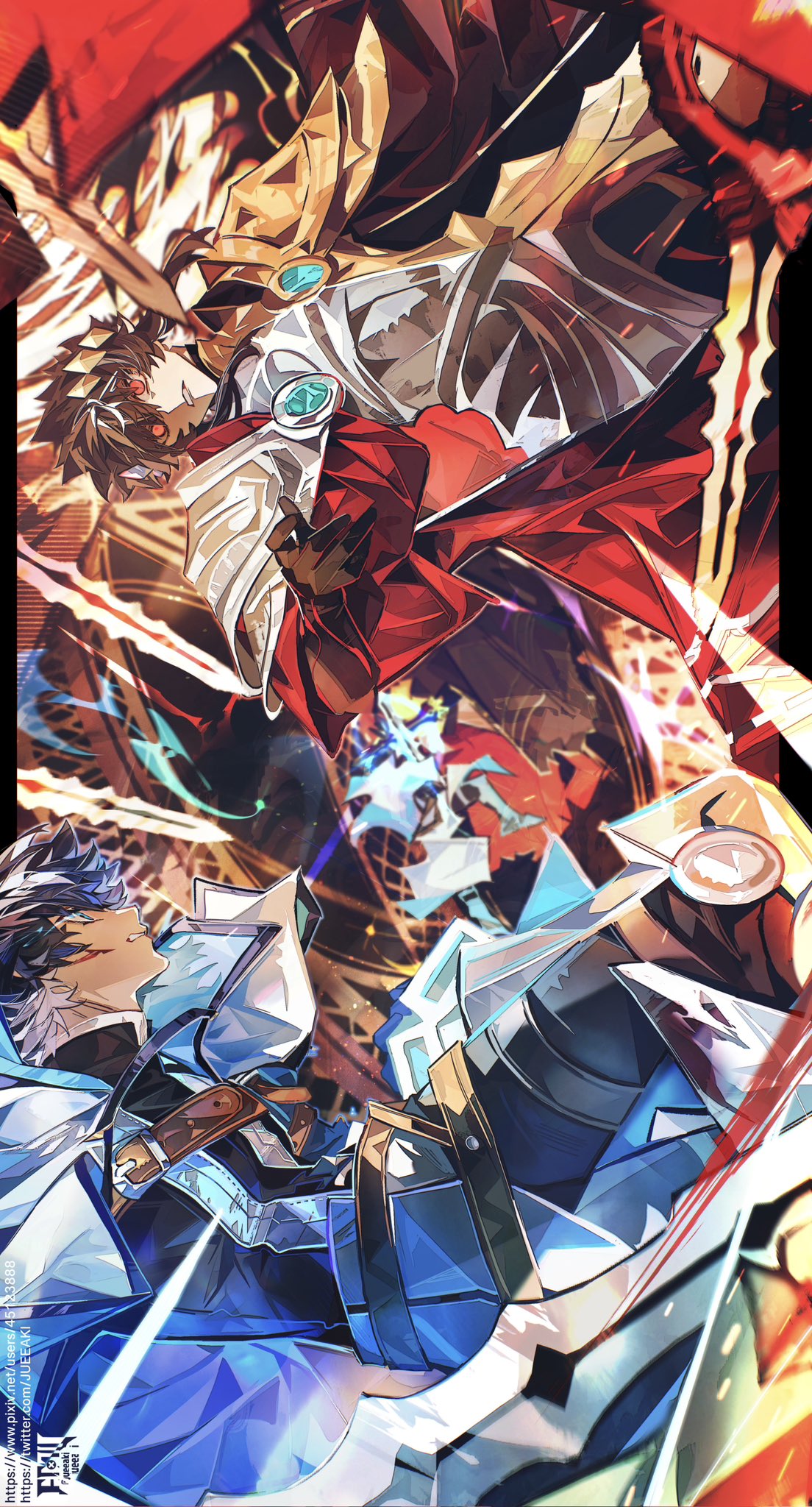 2boys, armor, black_gloves, black_hair, blue_cloak, blue_eyes, charlemagne_(fate), charlemagne_(third_ascension)_(fate)