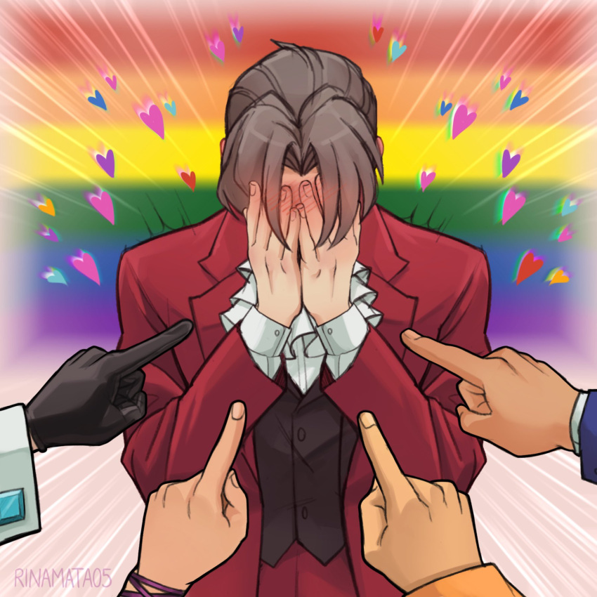 ace_attorney, ascot, blush, brown_hair, character_request, covering_face, emphasis_lines, flag_background