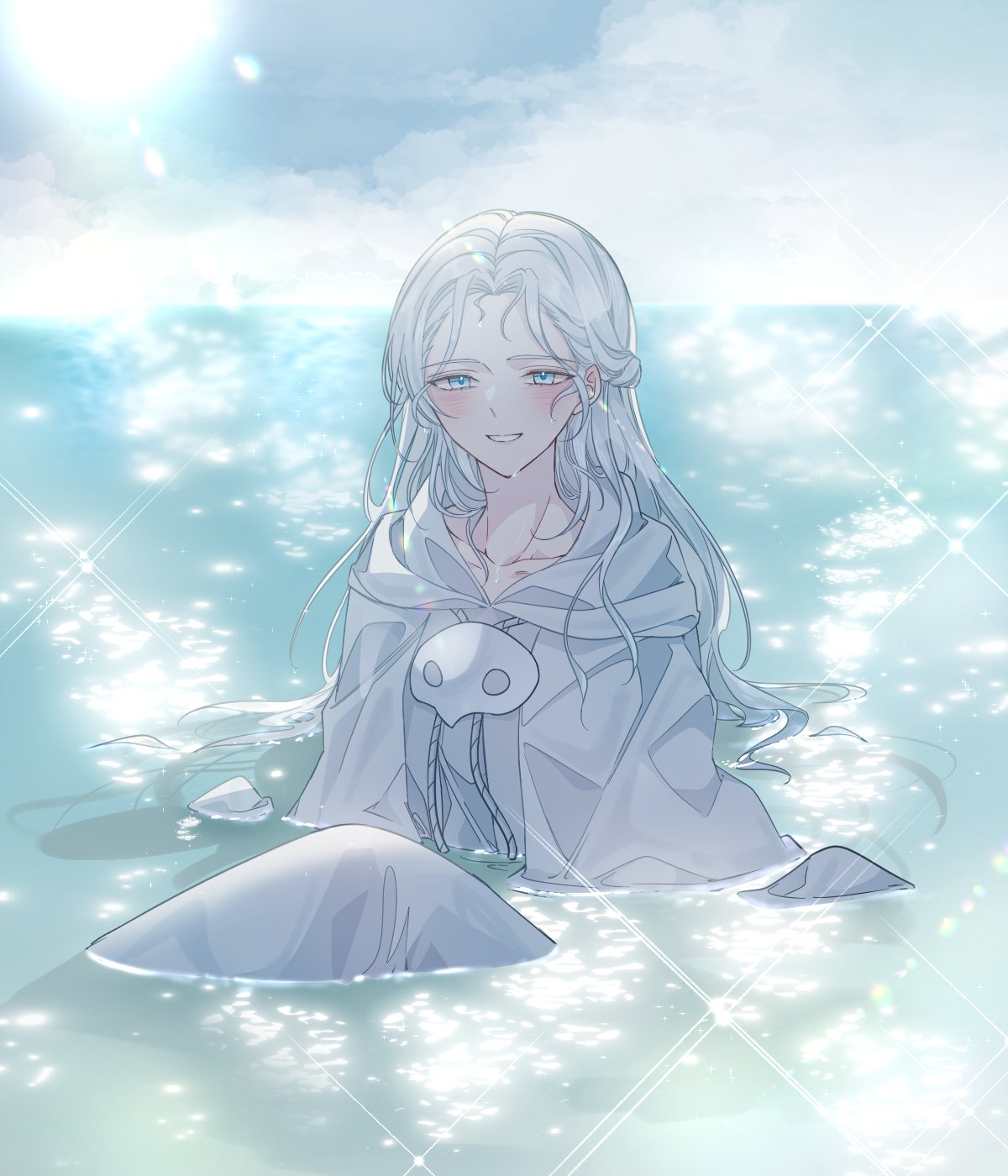 1girl, blue_eyes, blue_sky, capelet, clouds, commentary_request, day, drawstring