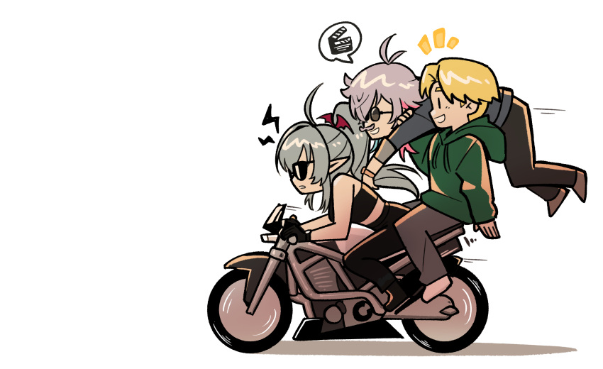 1girl, 2boys, absurdres, ahoge, black_gloves, blonde_hair, boltcreature, carrying_over_shoulder