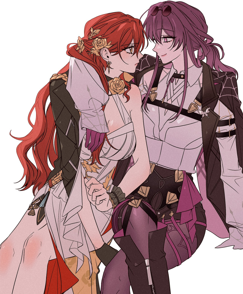 2girls, arm_around_shoulder, commentary, crossed_legs, dress, eyewear_on_head, golden_rose, hair_ornament