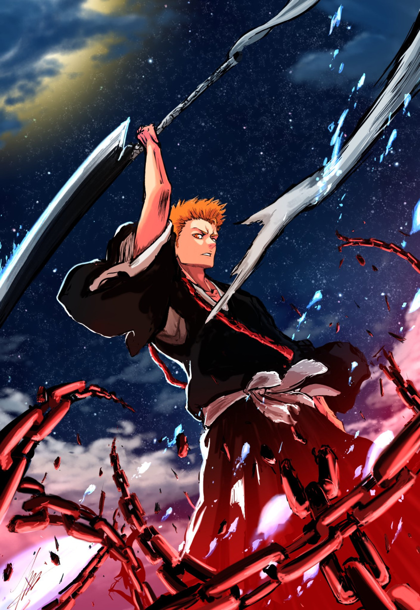 1boy, aged_up, arm_at_side, arm_up, black_hakama, black_kimono, bleach, bleach:_epilogue