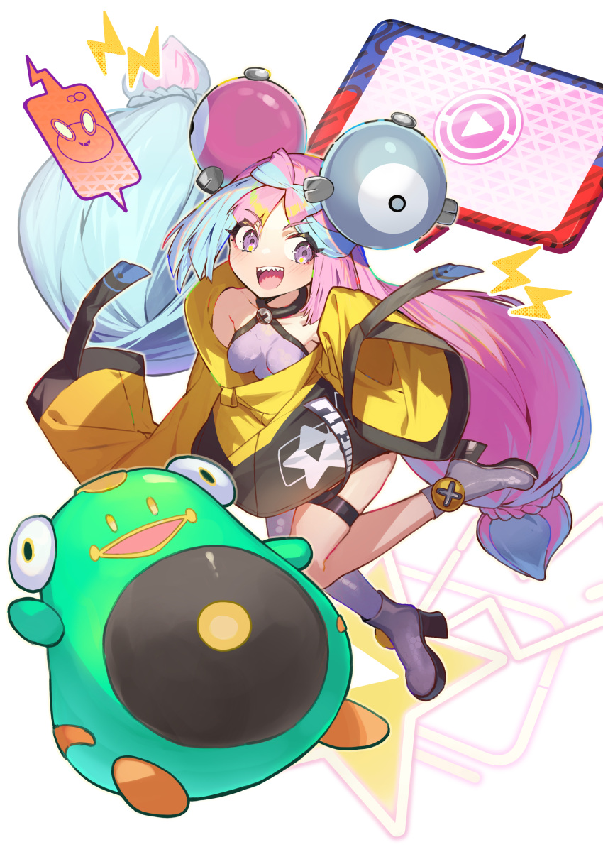1girl, absurdres, bare_shoulders, bellibolt, blue_hair, blush, boots, bow-shaped_hair