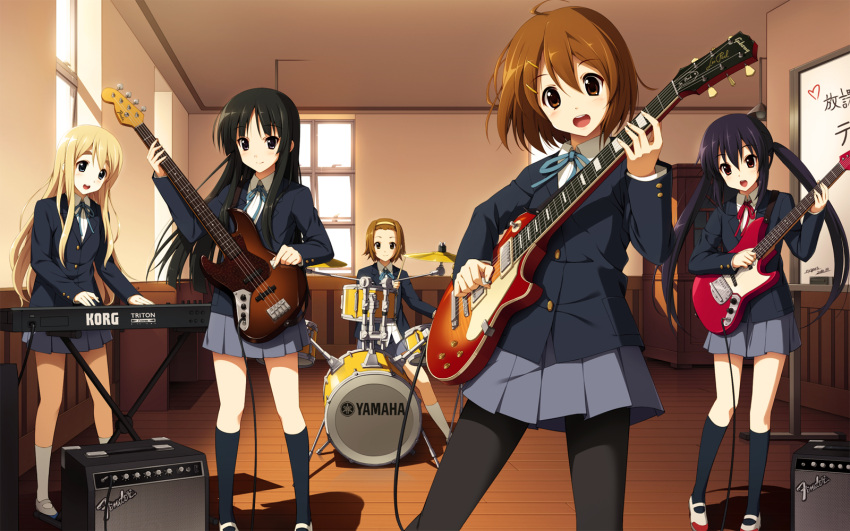 akiyama_mio, blush, cygnus_(artist), drum, guitar, hairband, highres, hirasawa_yui