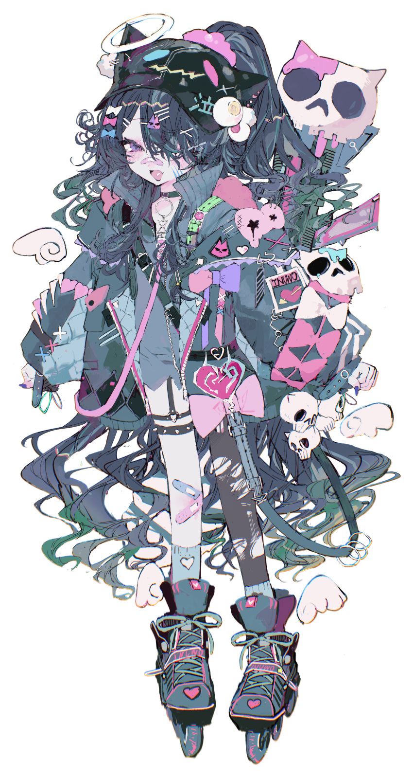 absurdres, bandaid, bandaid_on_face, black_hair, blue_eyes, blush, fang, halo