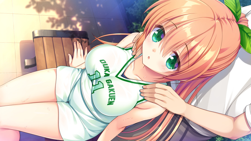 1boy, 1girl, :o, arms_at_sides, blush, breasts, collarbone, dappled_sunlight