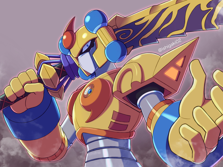 1boy, armor, bit_(mega_man), blue_eyes, gold_armor, gold_helmet, helmet, highres