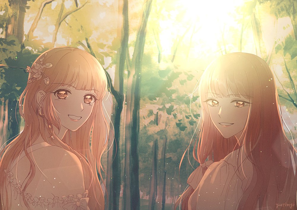 2girls, artist_name, bare_shoulders, blunt_bangs, commentary, dress, earrings, forest