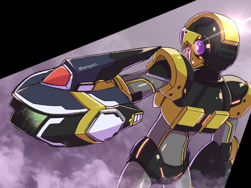 1boy, arm_cannon, armor, black_armor, black_helmet, forehead_jewel, from_behind, gold_armor