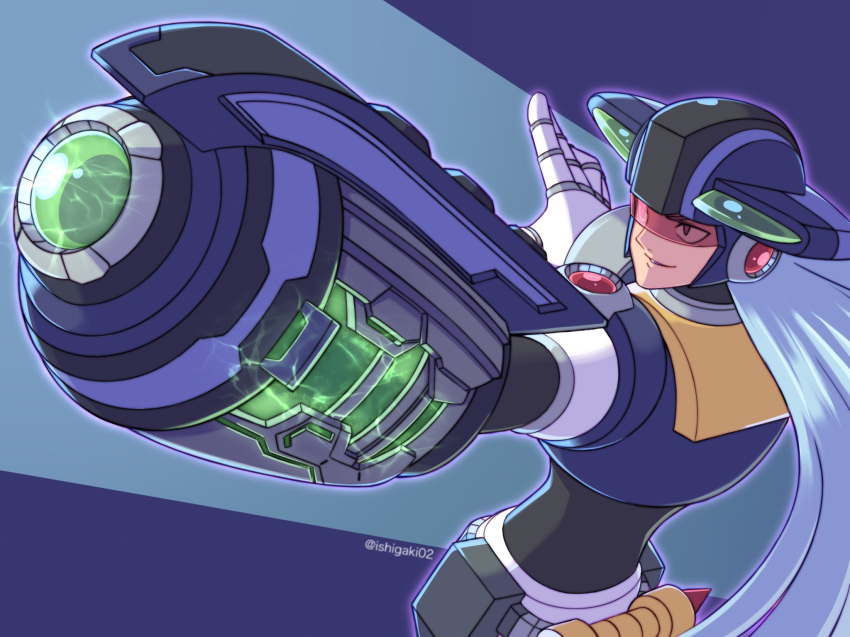 1boy, android, arm_cannon, armor, assault_visor, blue_armor, blue_hair, blue_helmet, dynamo_man, helmet, highres, ishigaki_(sora_roxas), light_blue_hair, long_hair, male_focus, mega_man_(series), mega_man_x_(series), red-tinted_eyewear, solo, tinted_eyewear, twitter_username, upper_body, weapon