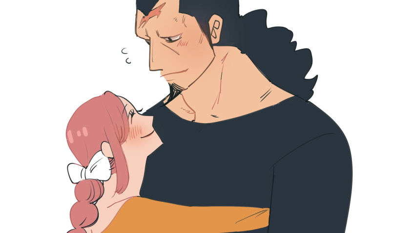 1girl, black_hair, blush, commentary_request, couple, facial_hair, flying_sweatdrops, goatee