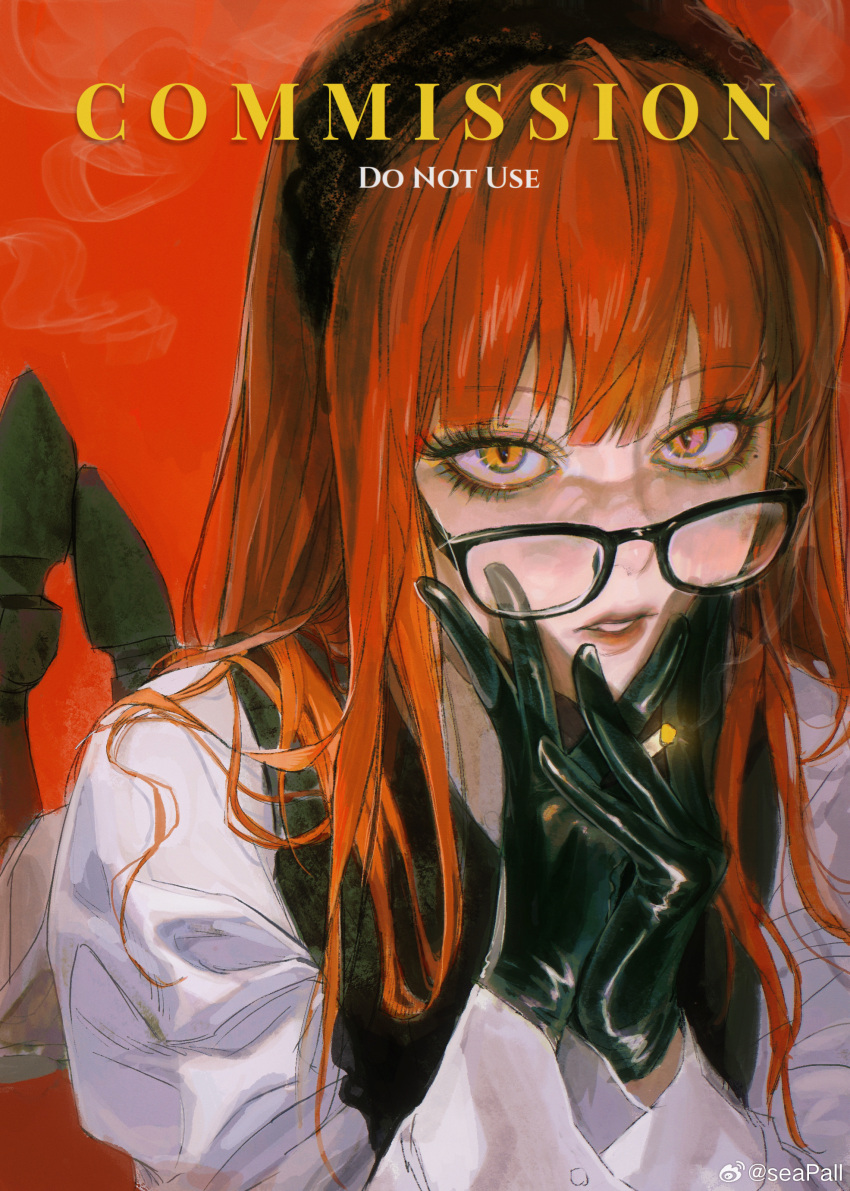1girl, absurdres, artist_name, black_gloves, cigarette, commission, glasses, gloves