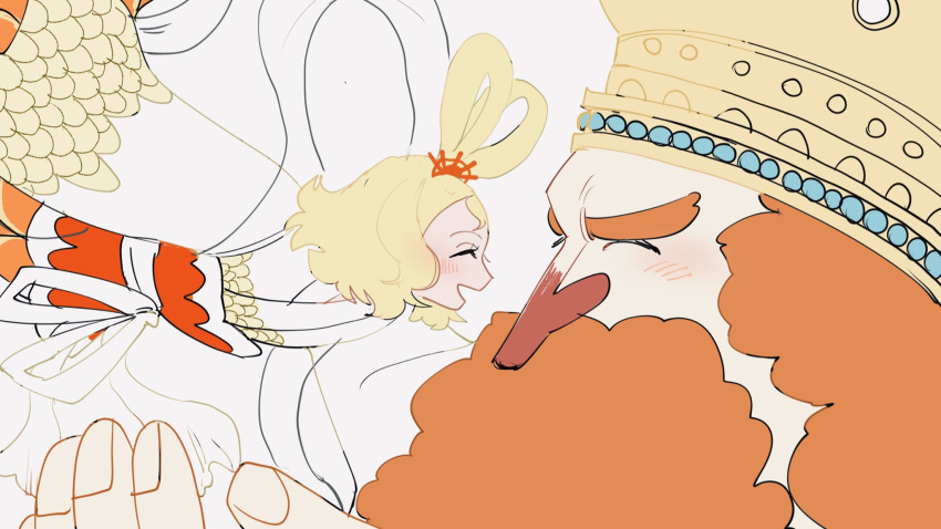 1boy, 1girl, ^_^, beard, blonde_hair, blush, close-up, closed_eyes, commentary_request, couple, crown, facial_hair, gokiburichance, hagoromo, highres, japanese_clothes, kimono, long_beard, long_nose, neptune_(one_piece), one_piece, open_mouth, orange_hair, otohime_(one_piece), sash, shawl, smile, thick_eyebrows, wide_sleeves