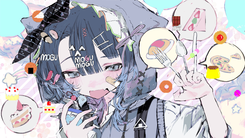 1girl, absurdres, black_hair, blue_eyes, cake, cookie, copyright_request, doughnut