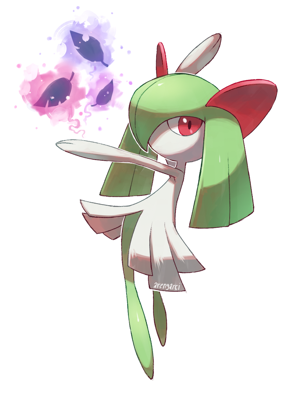 aren_garci, artist_name, colored_skin, green_hair, hair_over_one_eye, highres, horns, kirlia