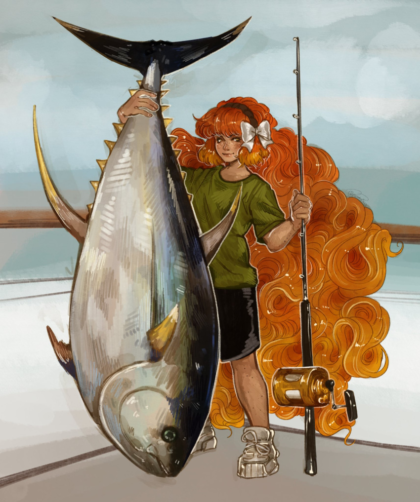 1girl, black_shorts, bow, brown_hairband, fishing_rod, freckles, full_body, green_shirt, hair_bow, hairband, highres, holding, holding_fishing_rod, ishmael_(project_moon), limbus_company, long_hair, looking_at_viewer, orange_hair, priskiez, project_moon, rope, shirt, short_sleeves, shorts, sidelocks, solo, tuna, very_long_hair, white_bow