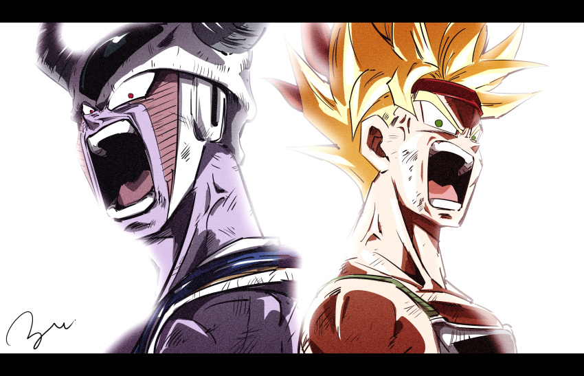 2boys, back-to-back, backlighting, bardock, blonde_hair, commentary_request, dirty, dirty_face