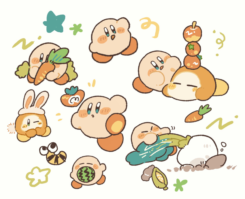 animal_ear_hairband, animal_ears, apple, blue_eyes, blush_stickers, bush, carrot, closed_eyes