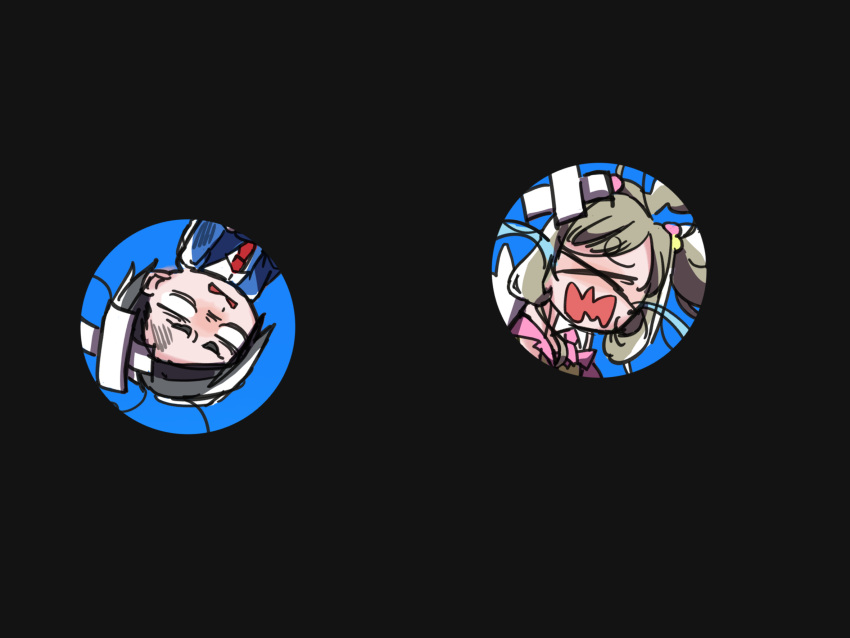 >_<, 2girls, bags_under_eyes, bandaid, bandaid_on_head, blank_eyes, blue_jacket, brown_hair, crossed_bandaids, dirty, dirty_face, floating_hair, furrowed_brow, hair_bobbles, hair_ornament, highres, idolmaster, idolmaster_cinderella_girls, iris_shot, jacket, long_hair, matsuo_chizuru, multiple_girls, necktie, open_mouth, pink_necktie, red_necktie, sato_shin, short_hair, soot, swept_bangs, thick_eyebrows, twintails, wavy_mouth, yawarakai_inu