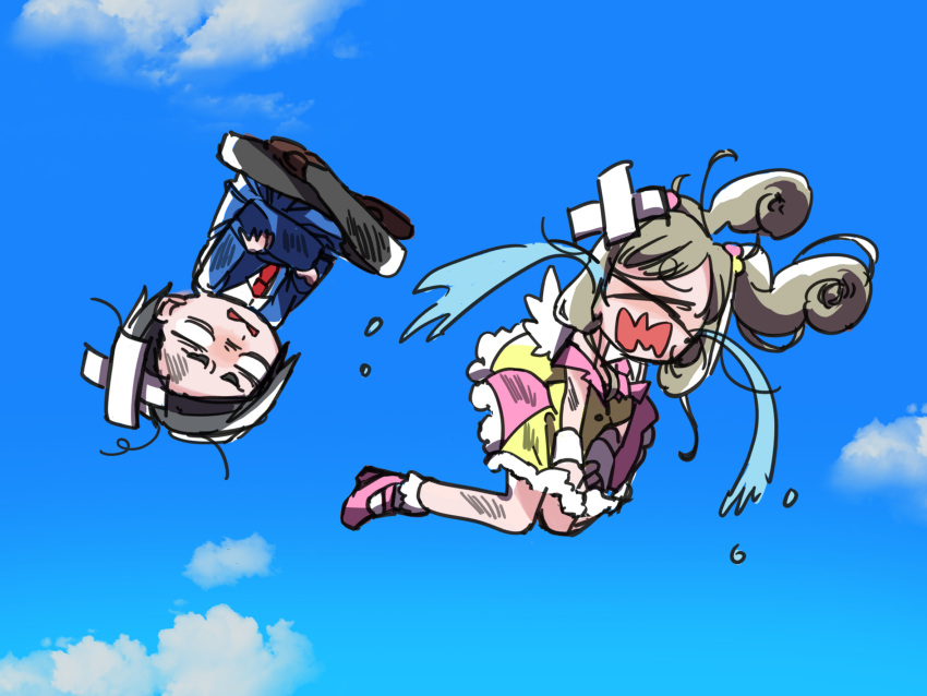 >_<, 2girls, bags_under_eyes, bandaid, bandaid_on_head, black_pantyhose, blank_eyes, blown_away