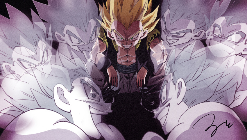 6+boys, abs, blonde_hair, commentary_request, dragon_ball, dragon_ball_z, evil_grin, evil_smile