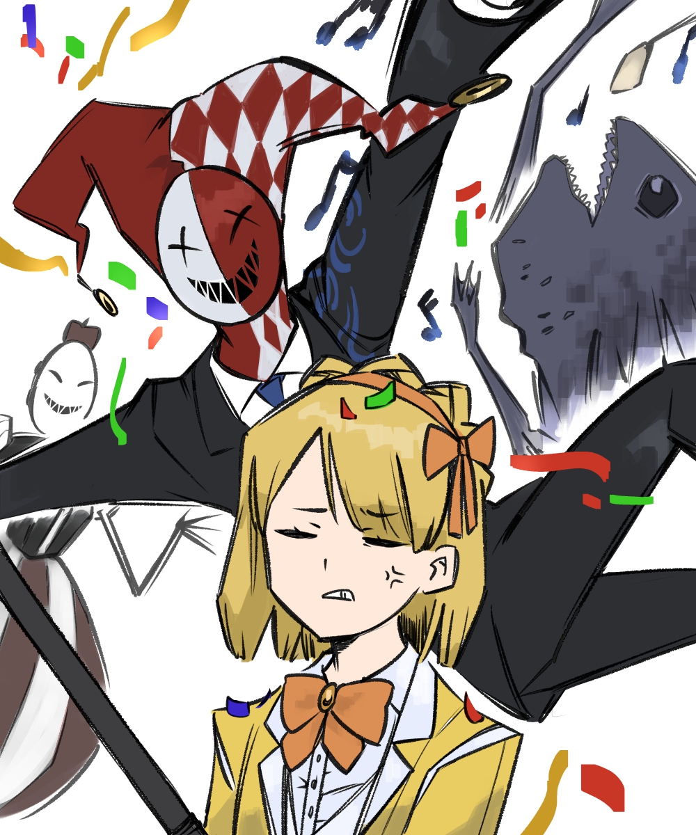 115_koubunshi, 1boy, 1girl, blonde_hair, bow, bowtie, braid, clenched_teeth