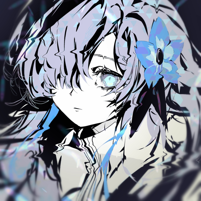 1girl, amu_(aa4122aa), anemone_(flower), black_background, blank_stare, blue_eyes, blue_flower, blurry