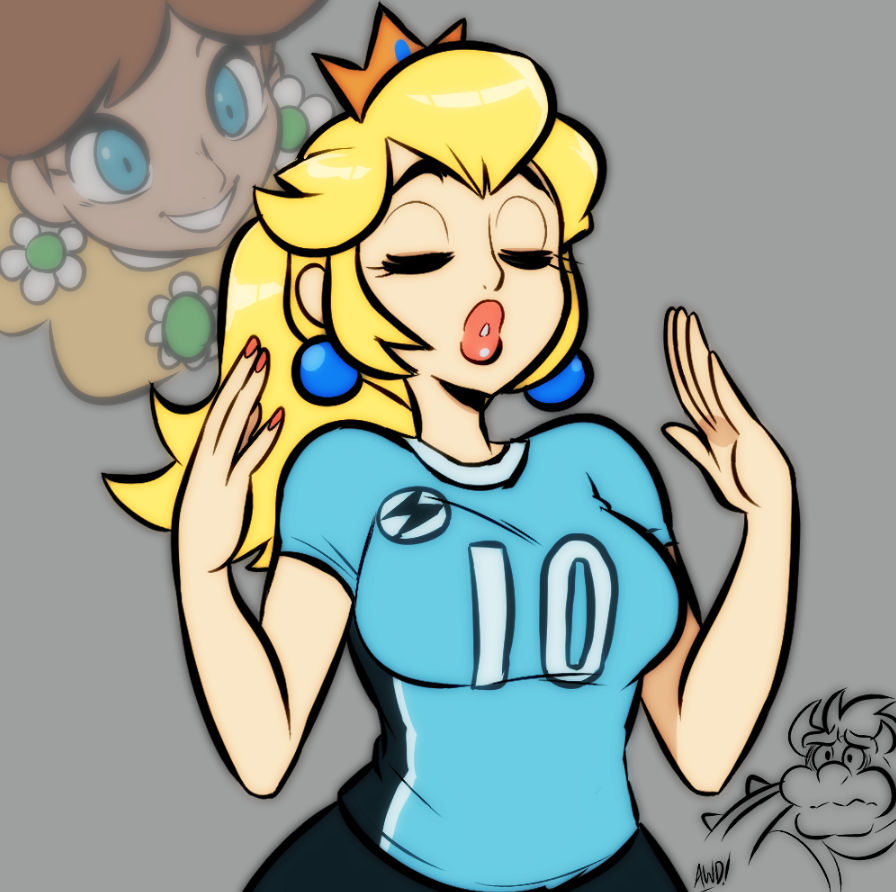 1boy, 2girls, awd!, bird, blonde_hair, blue_eyes, blue_shirt, bowser