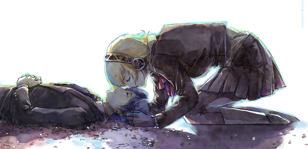 android, aocean, arisato_minato, blonde_hair, blue_hair, closed_eyes, death, kneeling, lying, persona, persona_3, ribbon, school_uniform, spoilers