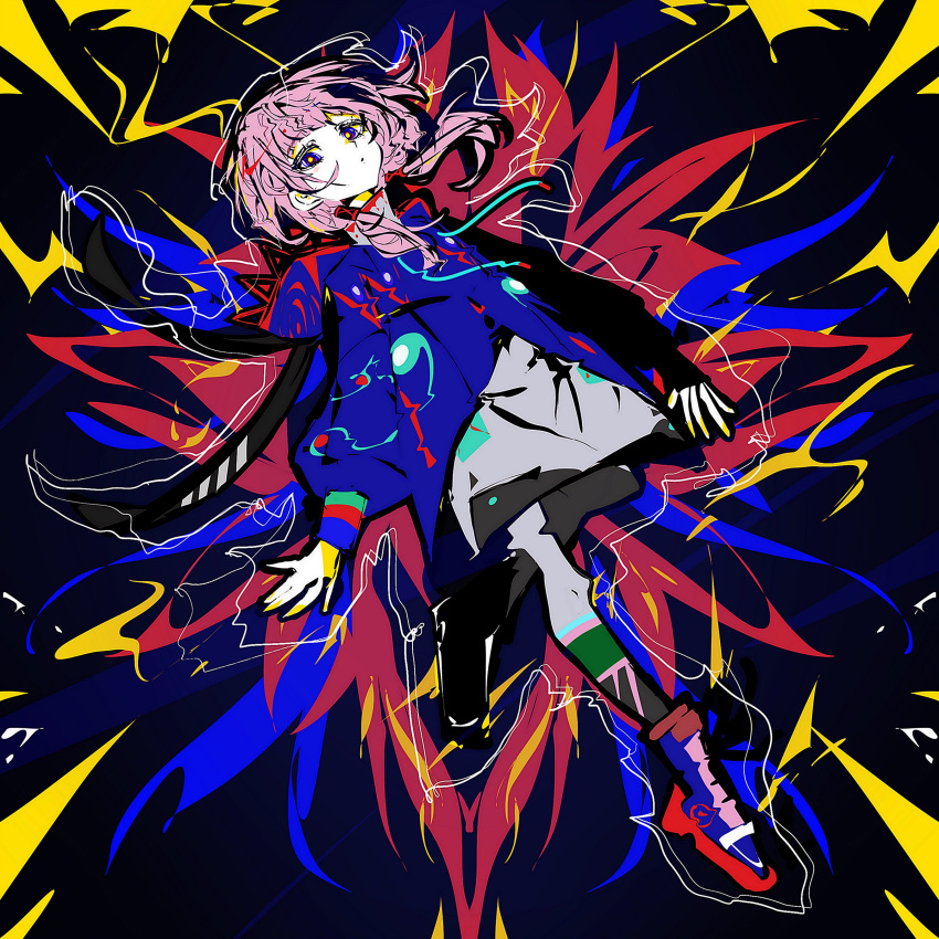 1girl, absurdres, amu_(aa4122aa), blue_background, blue_eyes, blue_footwear, blue_jacket, dress