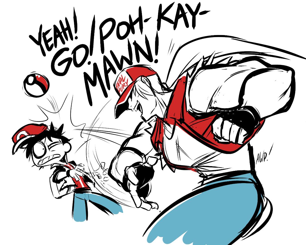 2boys, awd!, bag, black_hair, blue_pants, comedy, english_text, fatal_fury