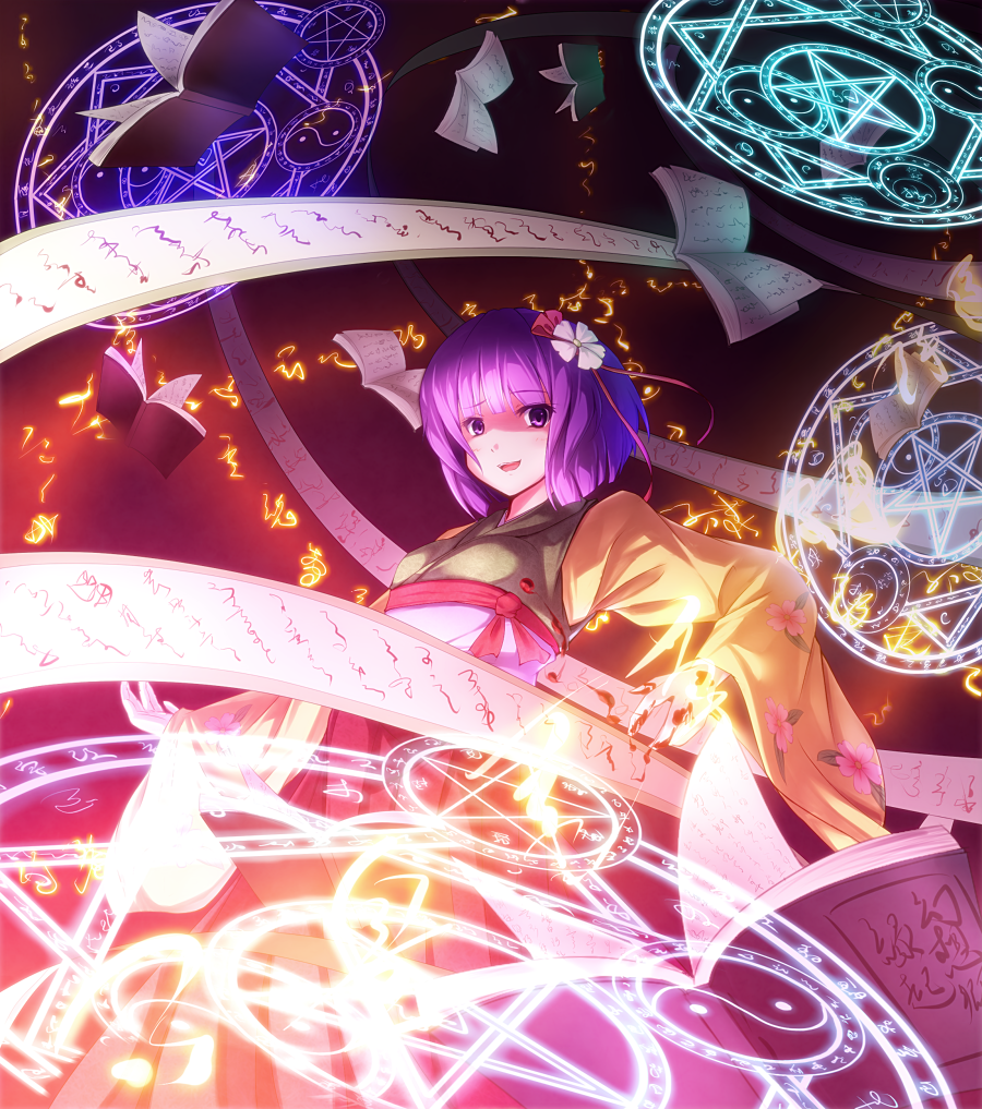 glowing, hair_ornament, hieda_no_akyuu, ink, looking_at_viewer, magic_circle, octagram, open_book