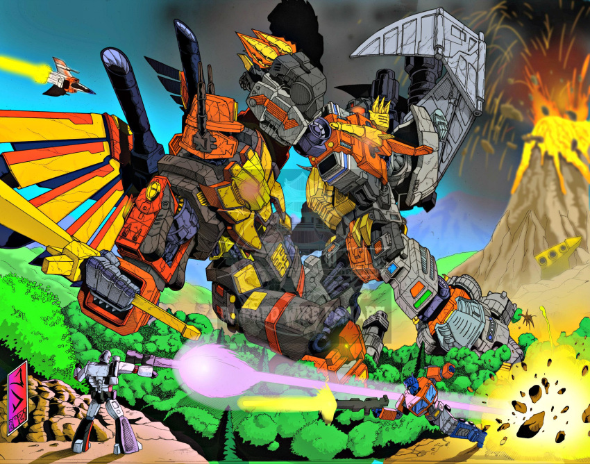 1980s_(style), 4boys, aircraft, airplane, arm_cannon, armor, assault_visor, autobot, barbedwirefanart, battle, buffalo, cannon, clenched_hands, decepticon, energon, fighter_jet, fighting, gattai, glowing, glowing_eyes, headgear, highres, holding, holding_sword, holding_weapon, horns, insignia, jet, machine, machinery, mecha, mecha_focus, mechanical_wings, megatron, military_vehicle, multiple_boys, no_humans, optimus_prime, predacon, predaking, red_eyes, red_visor, retro_artstyle, rhinoceros, robot, science_fiction, shoulder_cannon, starscream, super_robot, sword, transformers, transformers:_generation_1, transformers_power_of_the_primes, volcanicus, watermark, weapon, western_comics_(style), wings