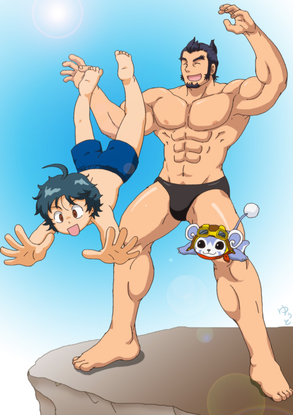 2boys, black_swim_briefs, blue_swim_trunks, hokaze_kon, ixion_saga, ixion_saga_dt, multiple_boys, non-web_source