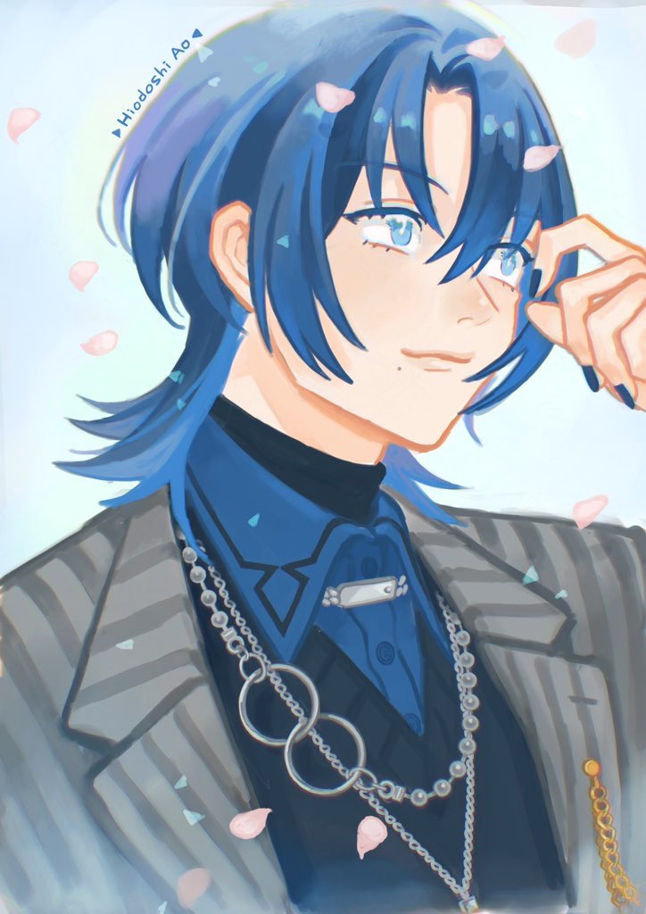 1girl, black_shirt, blue_background, blue_eyes, blue_hair, blue_nails, character_name, cherry_blossoms