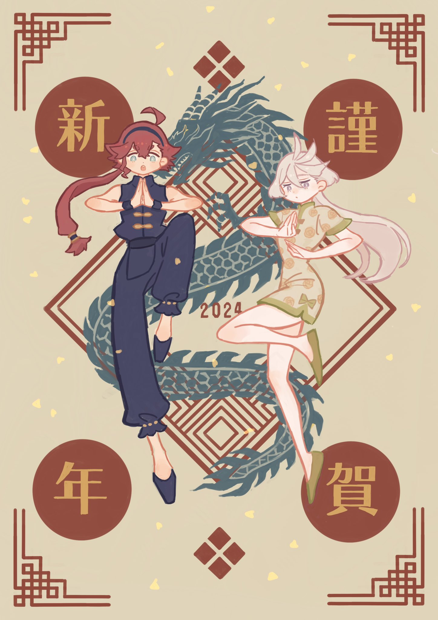2girls, bare_arms, black_footwear, black_hairband, black_pants, black_shirt, blue_eyes, brown_background