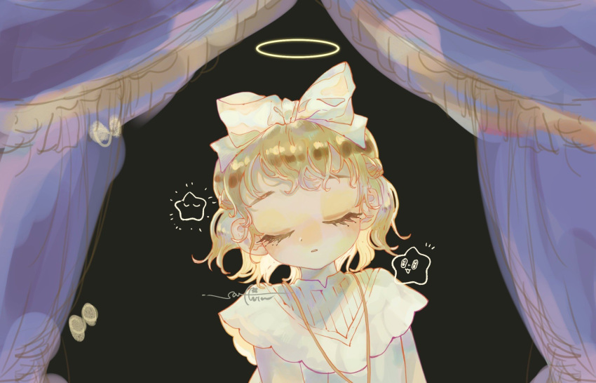 1girl, aster0014, blonde_hair, blue_curtains, bow, child, closed_eyes, curtains