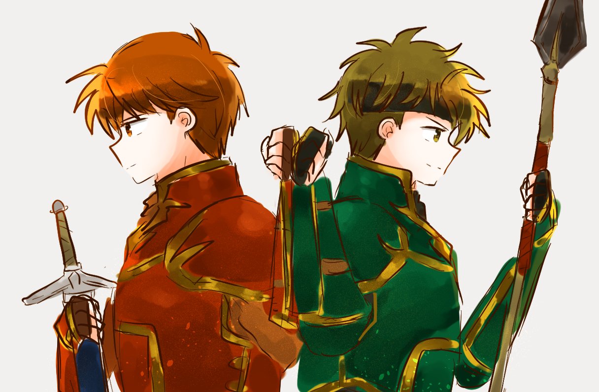 2boys, akmd125, armor, brown_hair, fire_emblem, fire_emblem:_the_blazing_blade, green_armor, holding, holding_polearm, holding_sword, holding_weapon, kent_(fire_emblem), multiple_boys, orange_hair, polearm, red_armor, sain_(fire_emblem), sword, upper_body, weapon