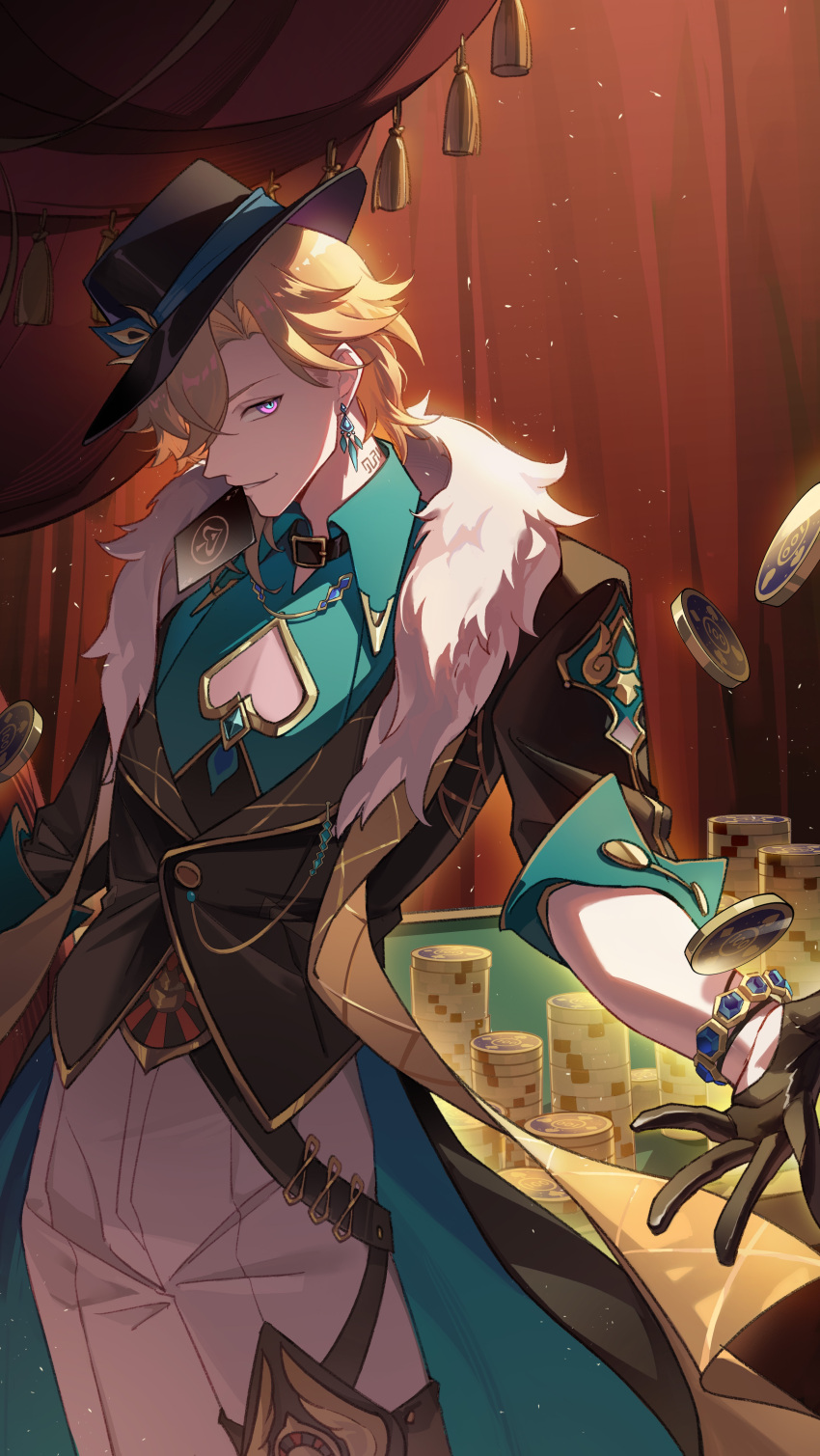 1boy, absurdres, aqua_shirt, aventurine_(honkai:_star_rail), black_gloves, black_hat, black_jacket, blonde_hair